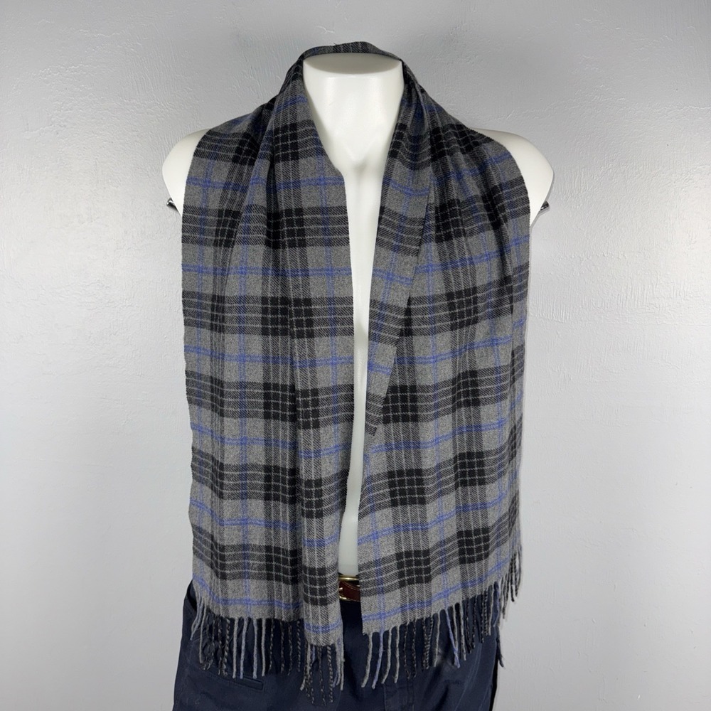 Jos. A. Bank 100% Cashmere Scarf Gray Black Blue Plaid Fringe Soft Luxury Winter